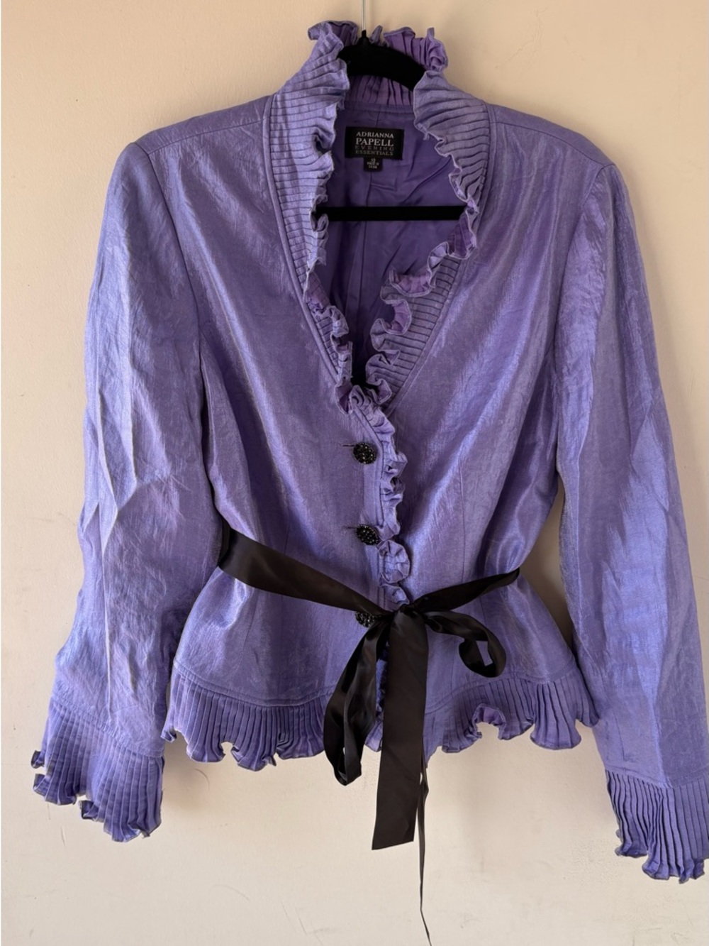 Adrianna Papell Lilac Ruffle-Trim Jacket with Satin Belt